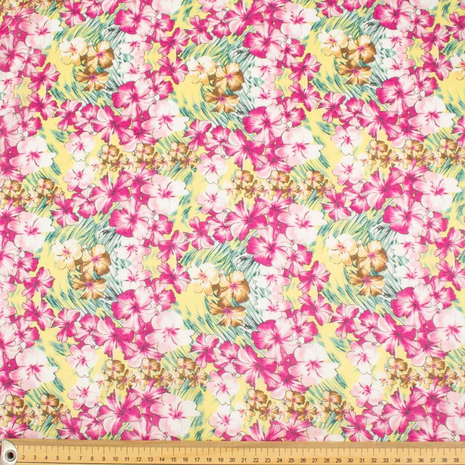 Japanese Pure Cotton Lawn Prints Design-159 Pink Floral Bloom on Pale Yellow