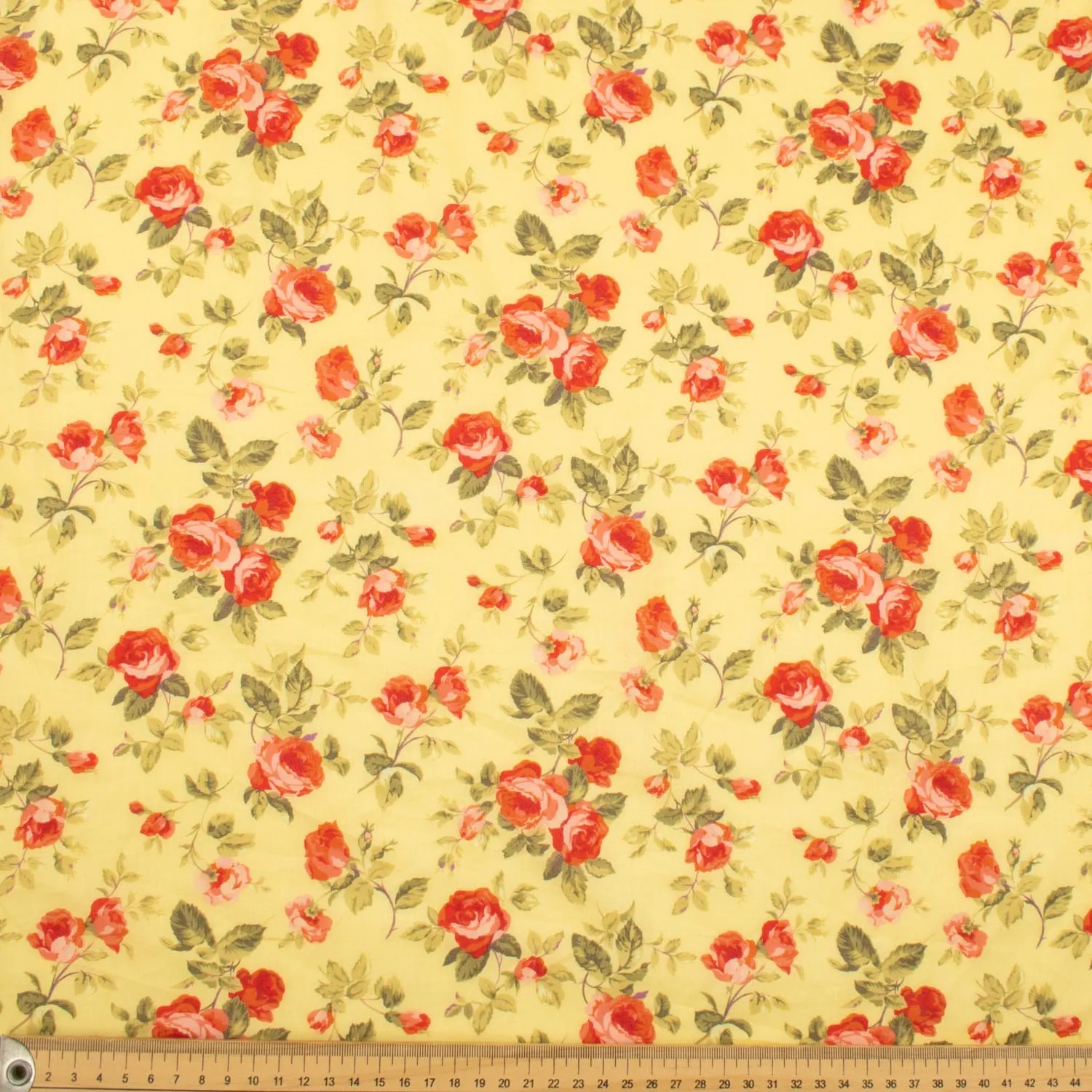 Japanese Pure Cotton Lawn Prints Design-182 Red Roses Blooms on Yellow