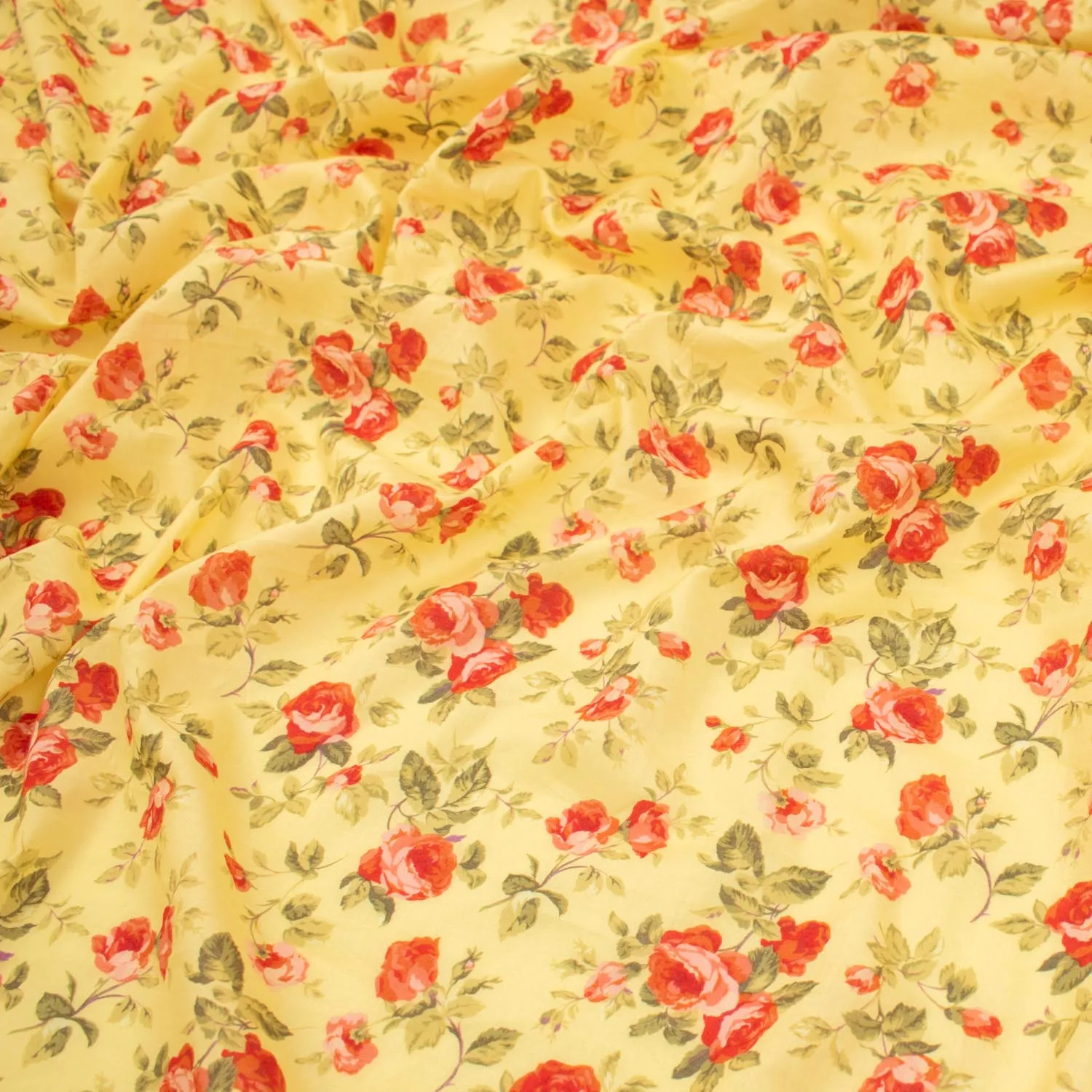 Japanese Pure Cotton Lawn Prints Design-182 Red Roses Blooms on Yellow