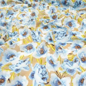 Japanese Pure Cotton Lawn Prints Design-203 Large Blue Flowers on Latte