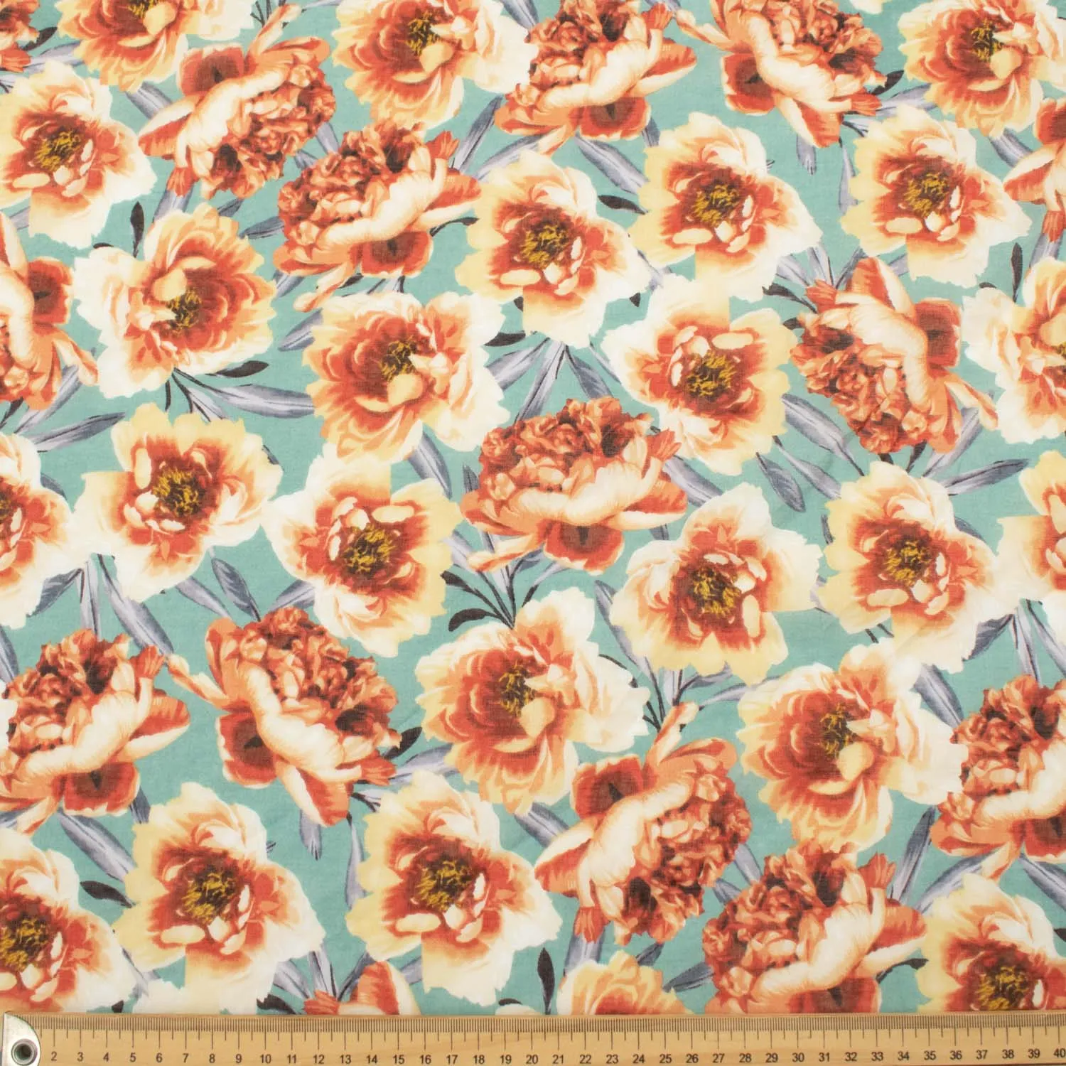 Japanese Pure Cotton Lawn Prints Design-205 Large Burnt Orange Flowers on Teal