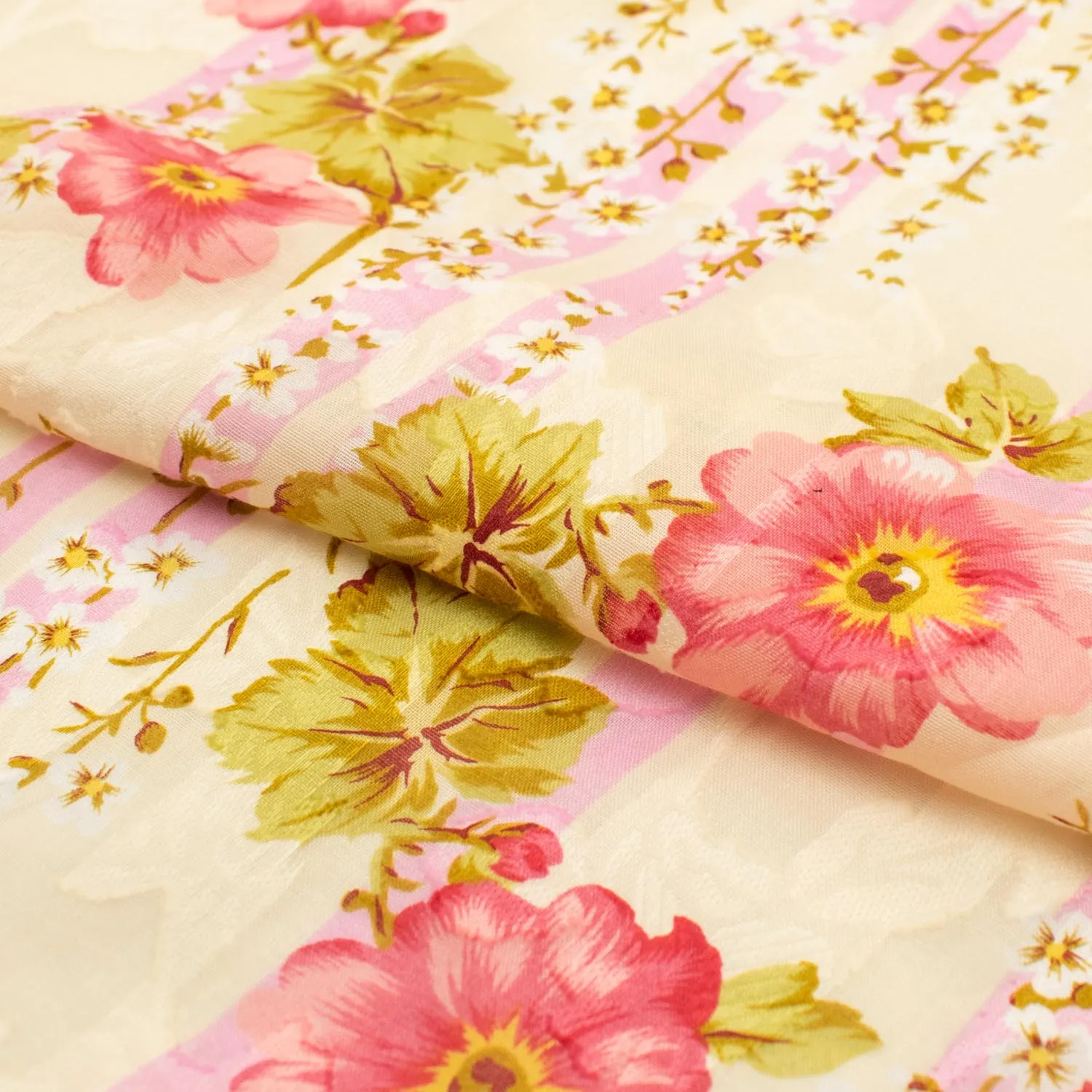 Japanese Pure Cotton Lawn Prints Design-215 Red Flowers & Pink Stripes on Cream