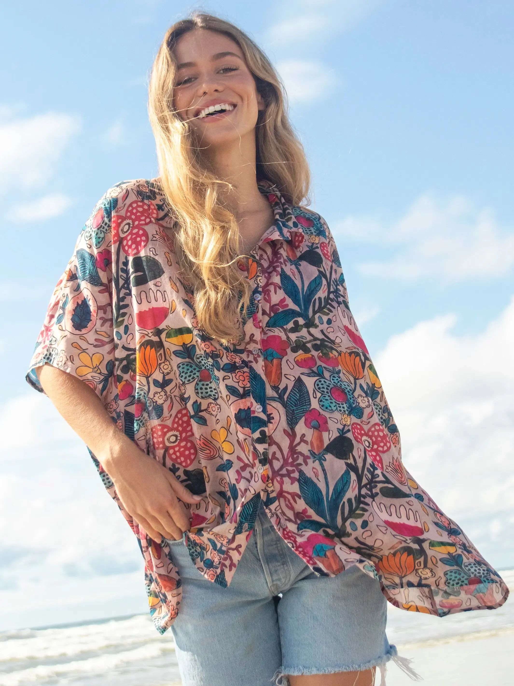 Kelly Oversized Cotton Button Down - Light Pink Multi Floral