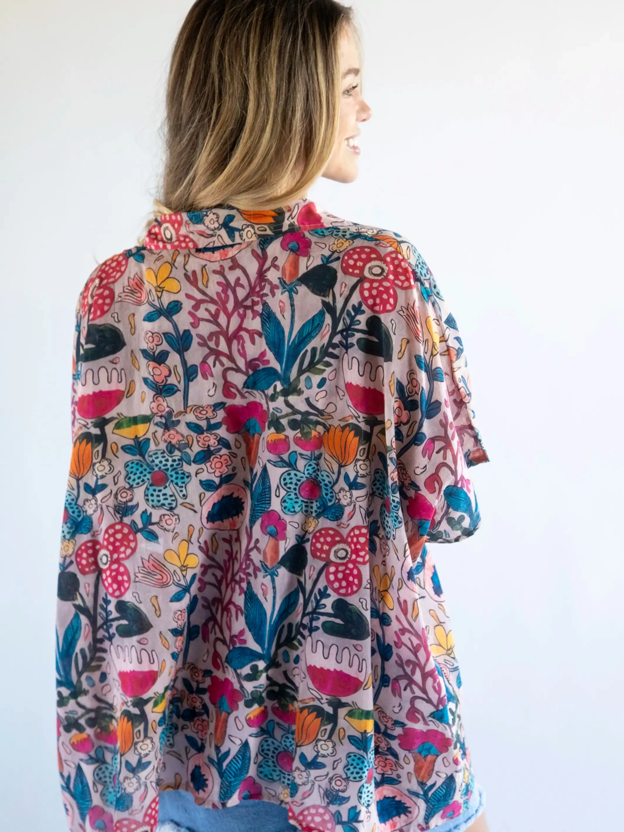 Kelly Oversized Cotton Button Down - Light Pink Multi Floral