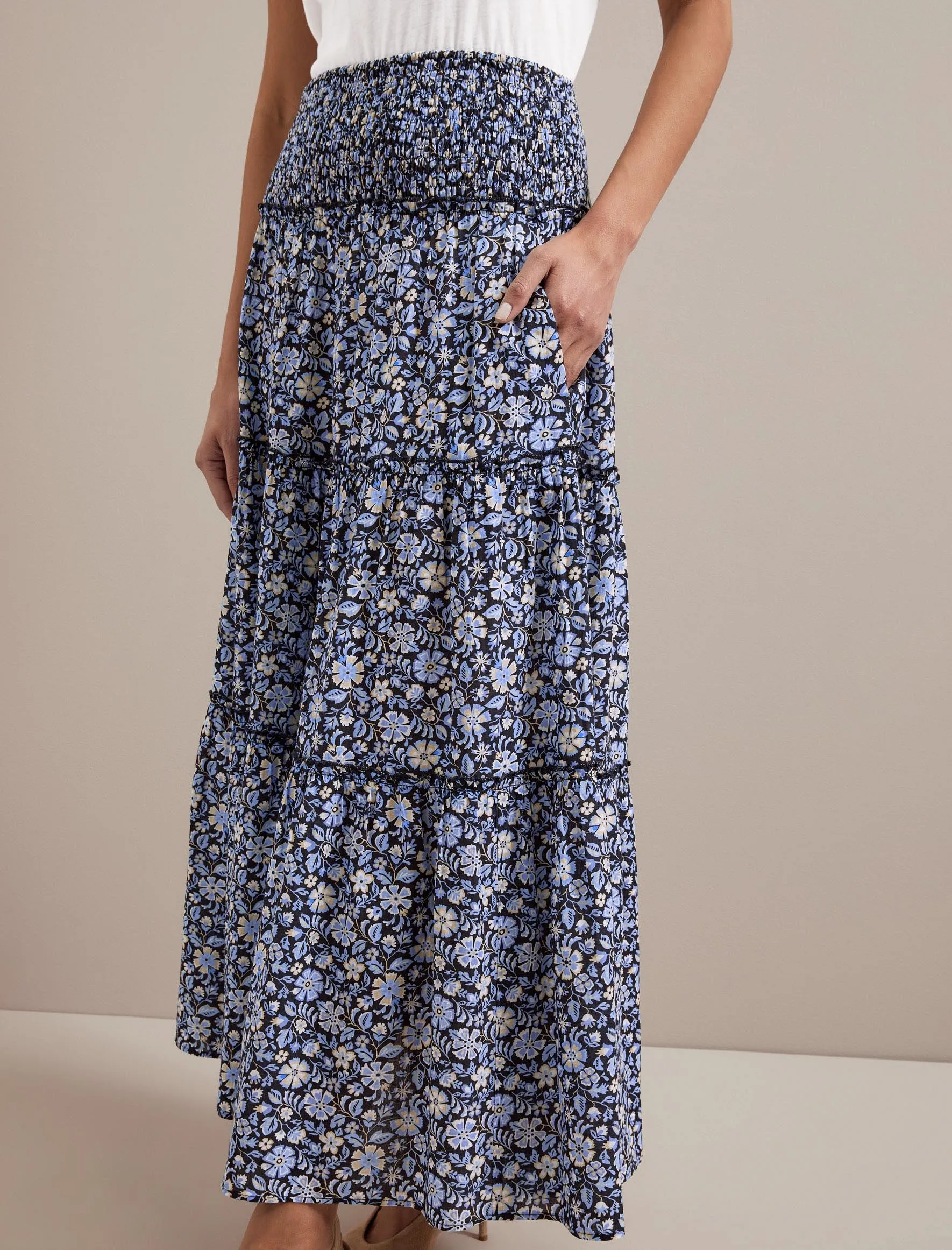 Kira Cotton Blend Maxi Skirt - Blue Ditsy Carnation Print