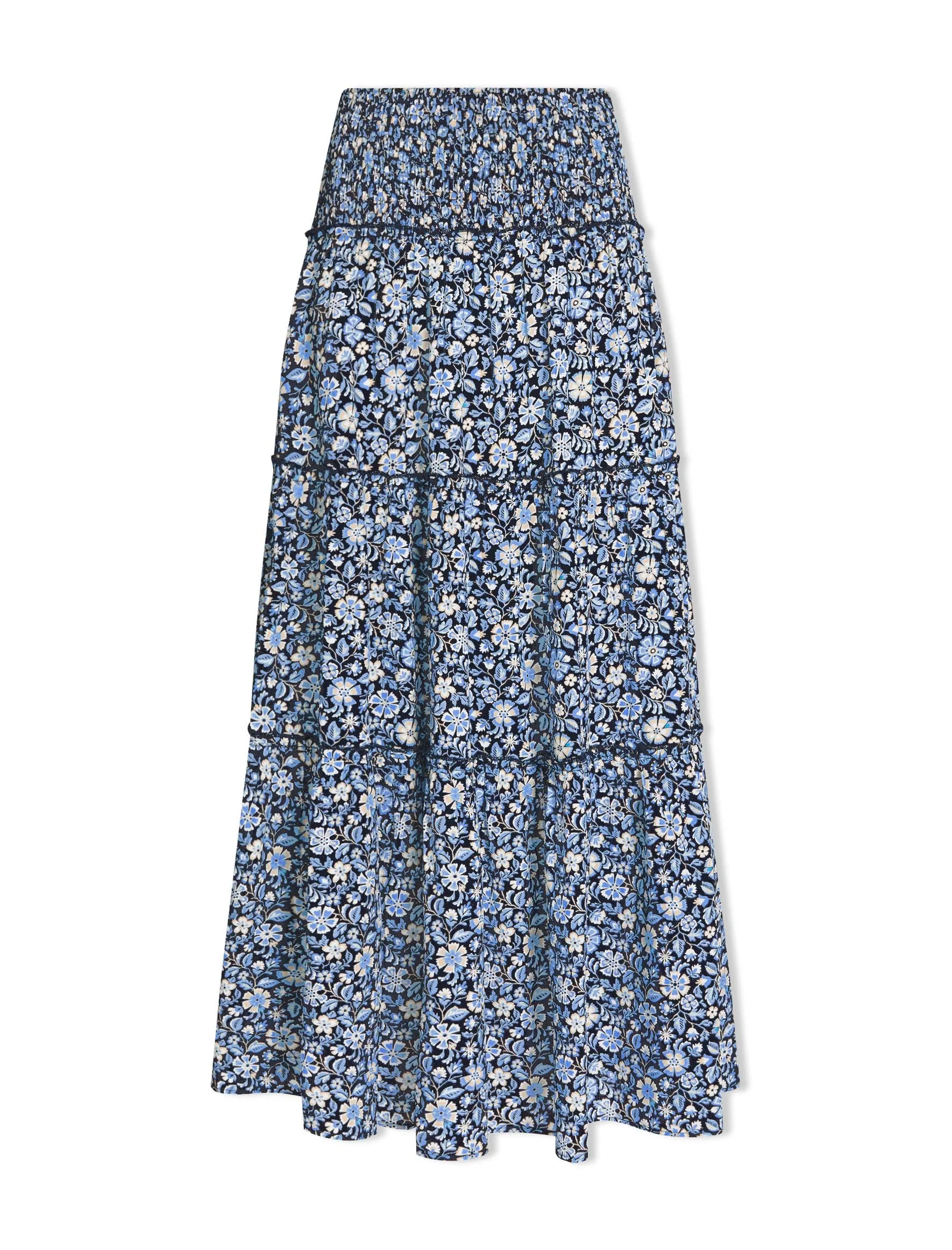 Kira Cotton Blend Maxi Skirt - Blue Ditsy Carnation Print