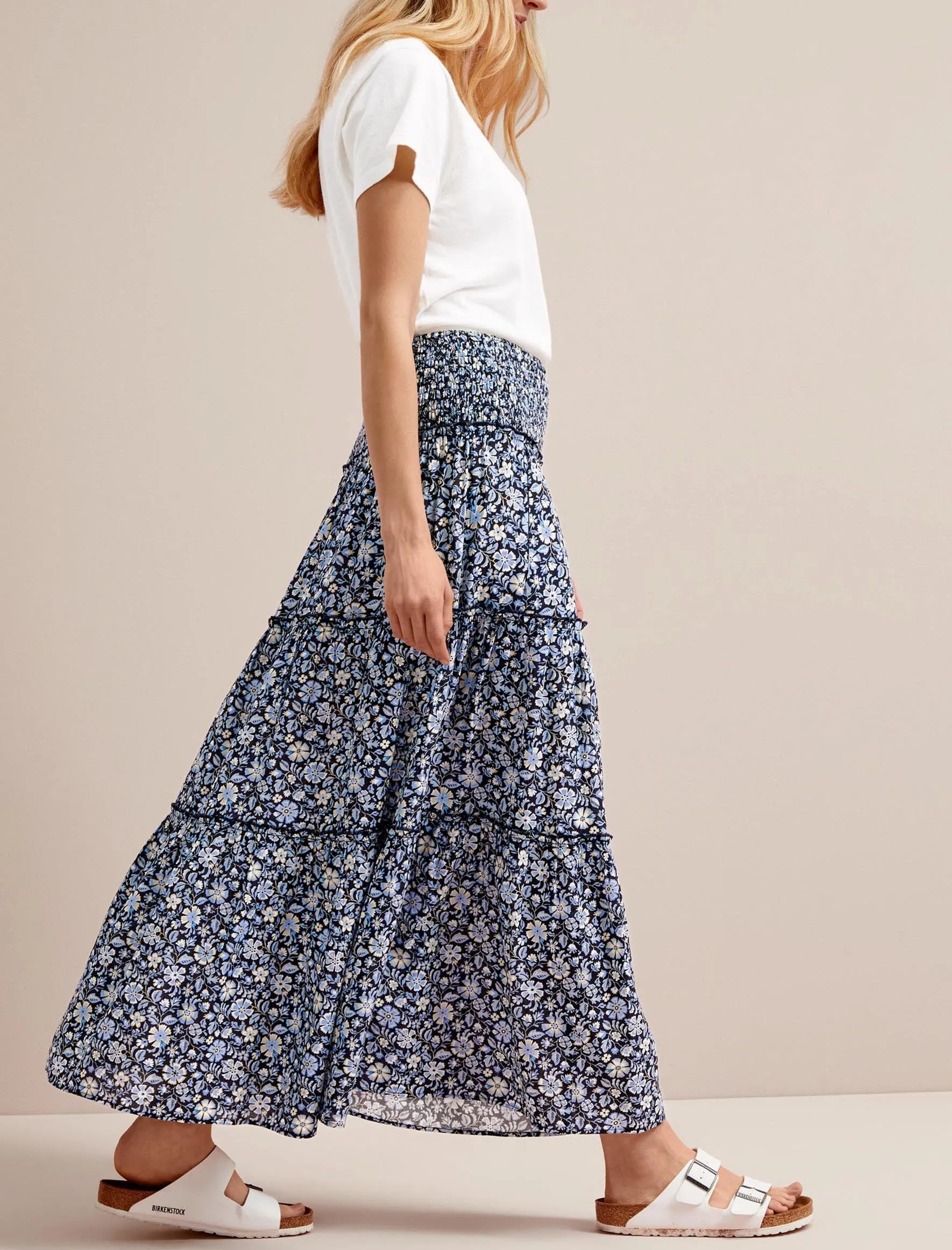 Kira Cotton Blend Maxi Skirt - Blue Ditsy Carnation Print