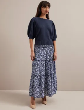 Kira Cotton Blend Maxi Skirt - Blue Ditsy Carnation Print