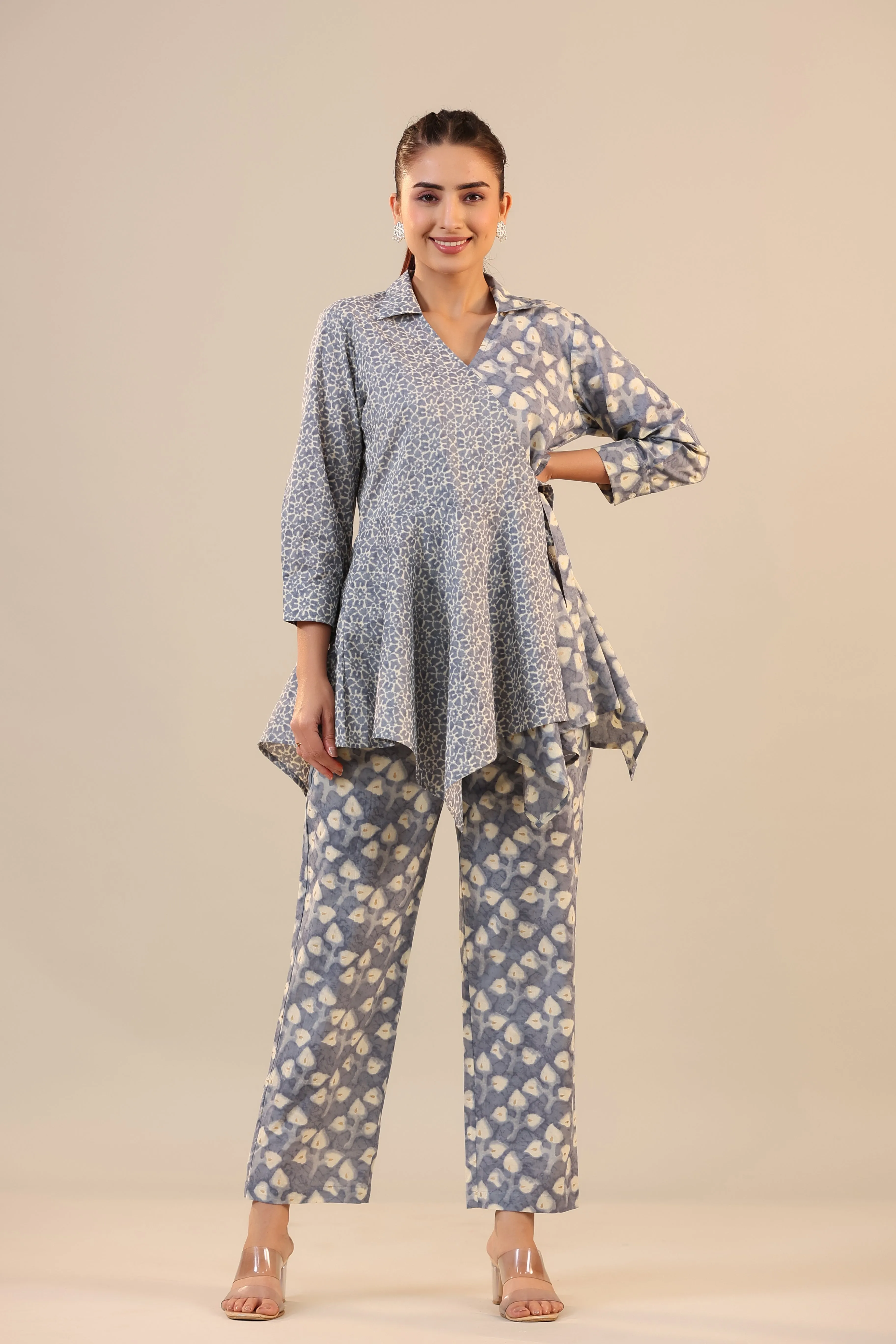 Light Blue Batik Knot Cotton Loungewear Set