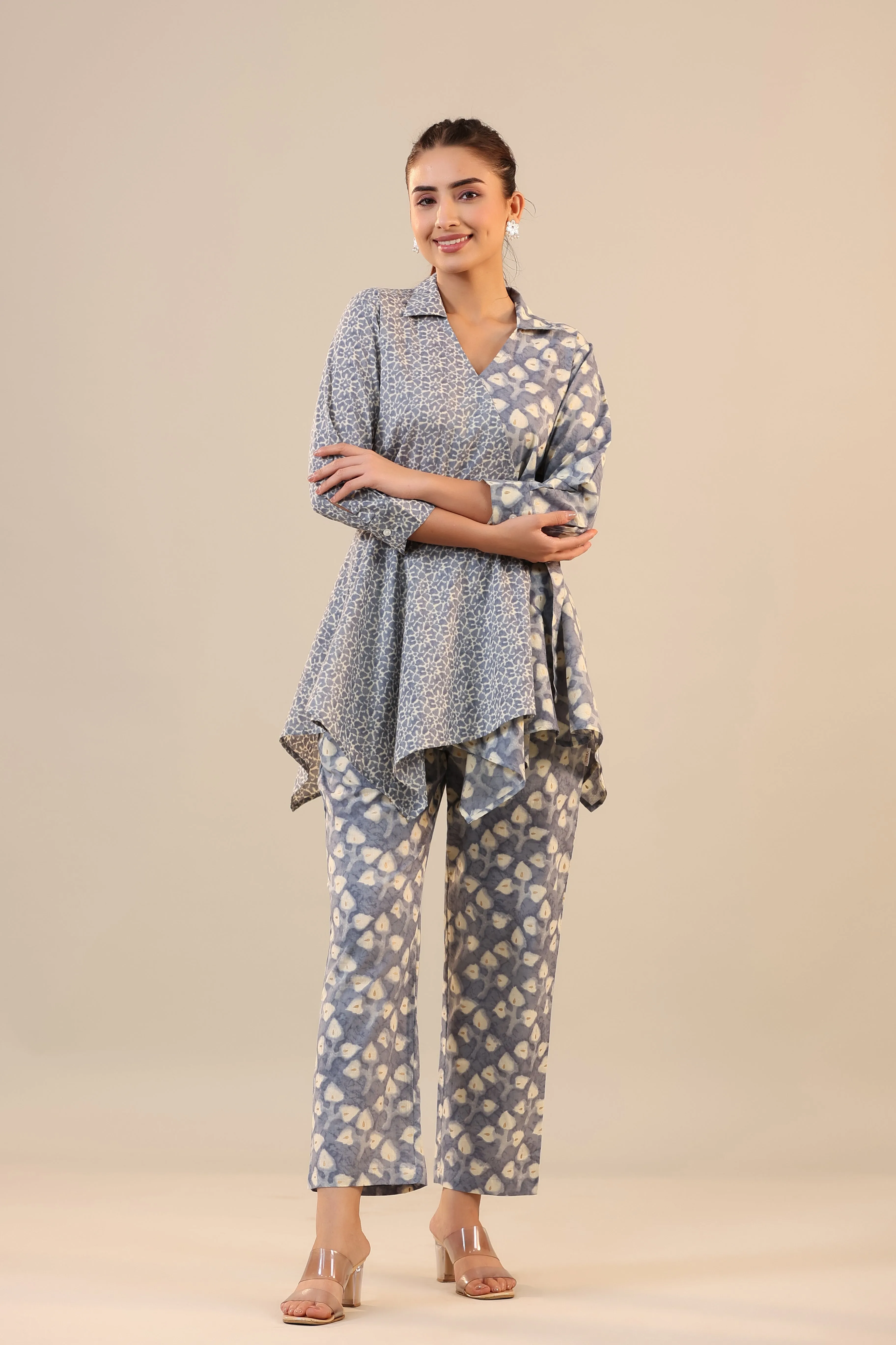 Light Blue Batik Knot Cotton Loungewear Set