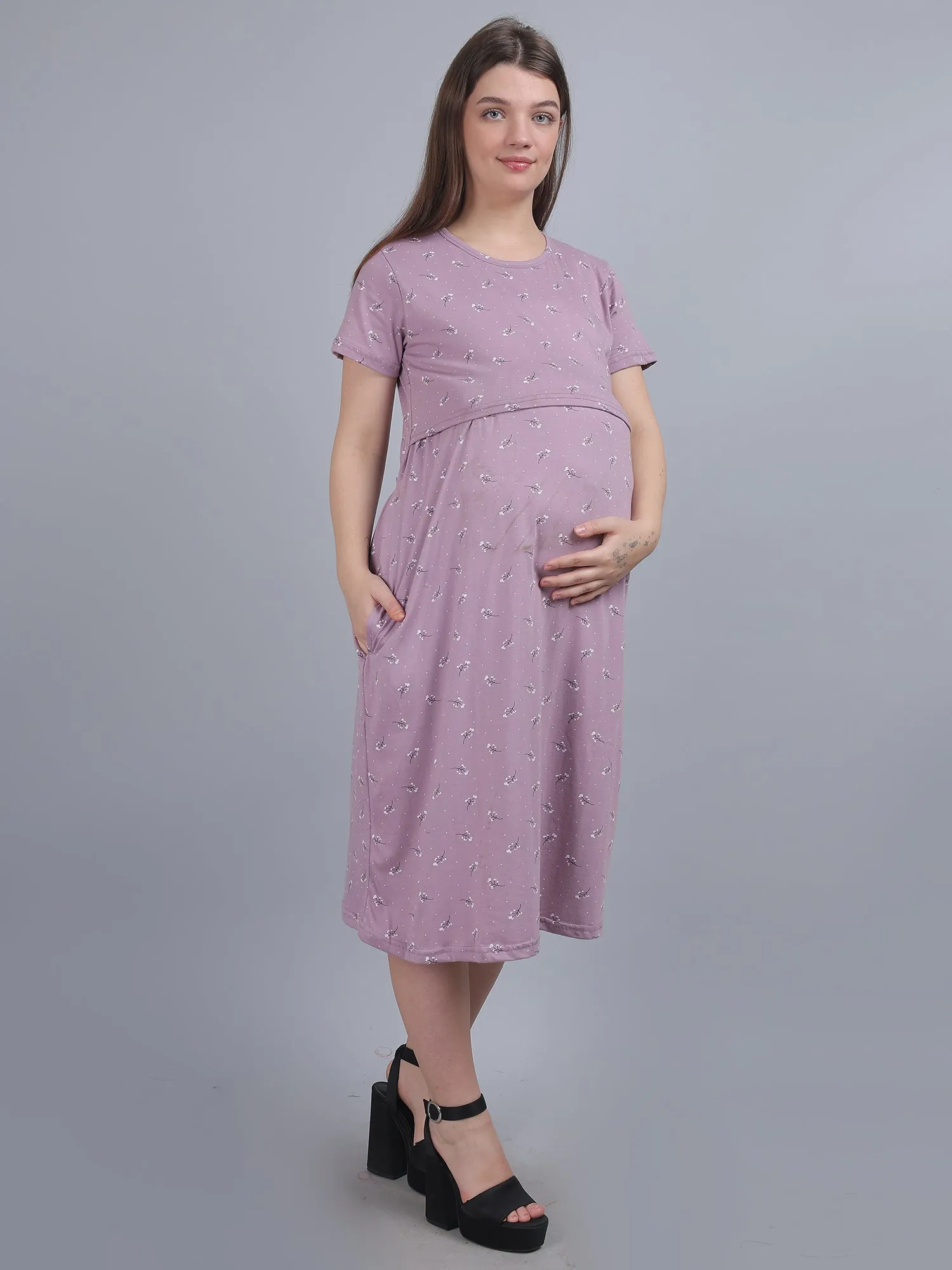 Light Purple Knitted Cotton Maternity Loungewear Dress