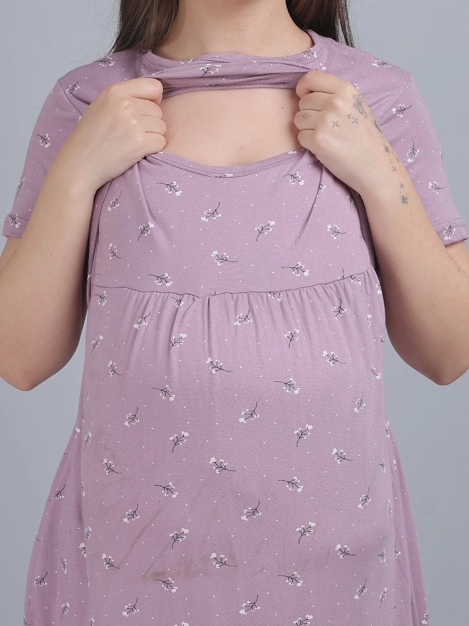 Light Purple Knitted Cotton Maternity Loungewear Dress