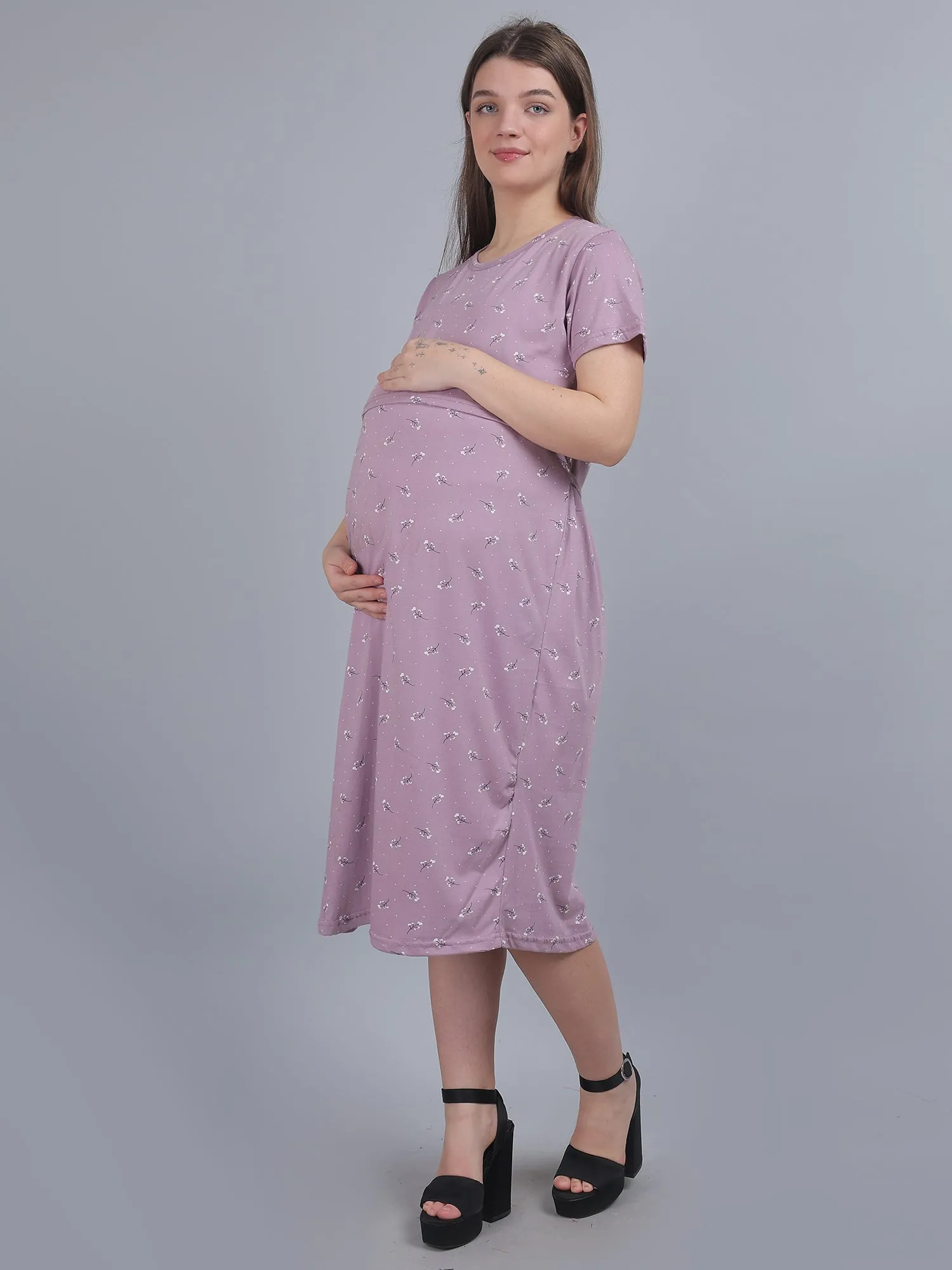 Light Purple Knitted Cotton Maternity Loungewear Dress