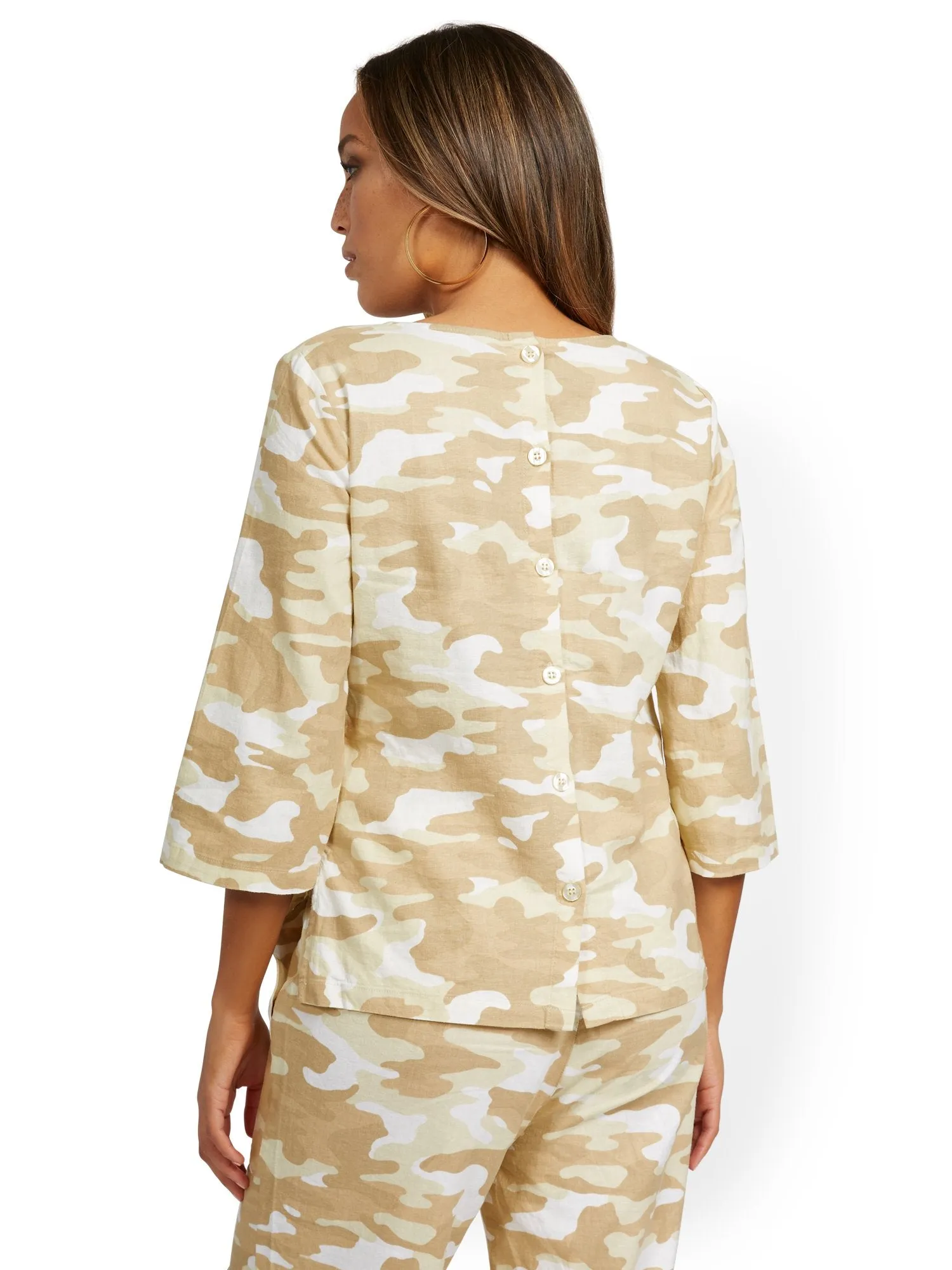 Linen-Blend Camo-Print V-Neck Button-Back Top