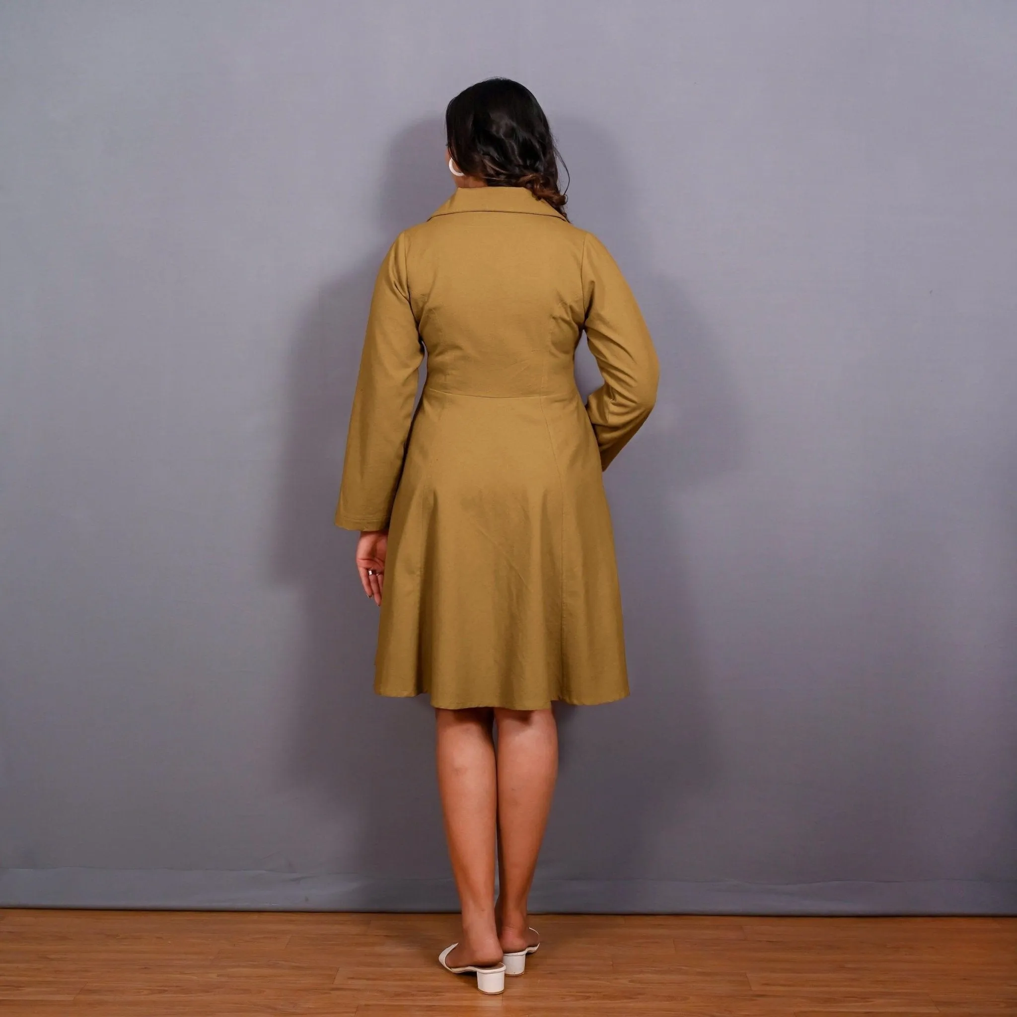 Mustard Warm Cotton Flannel Fit and Flare Knee Length Blazer Dress