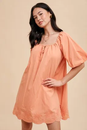 Puff Sleeve Embroidered Cotton Modal Dress Apricot Crush