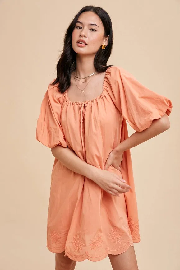 Puff Sleeve Embroidered Cotton Modal Dress Apricot Crush