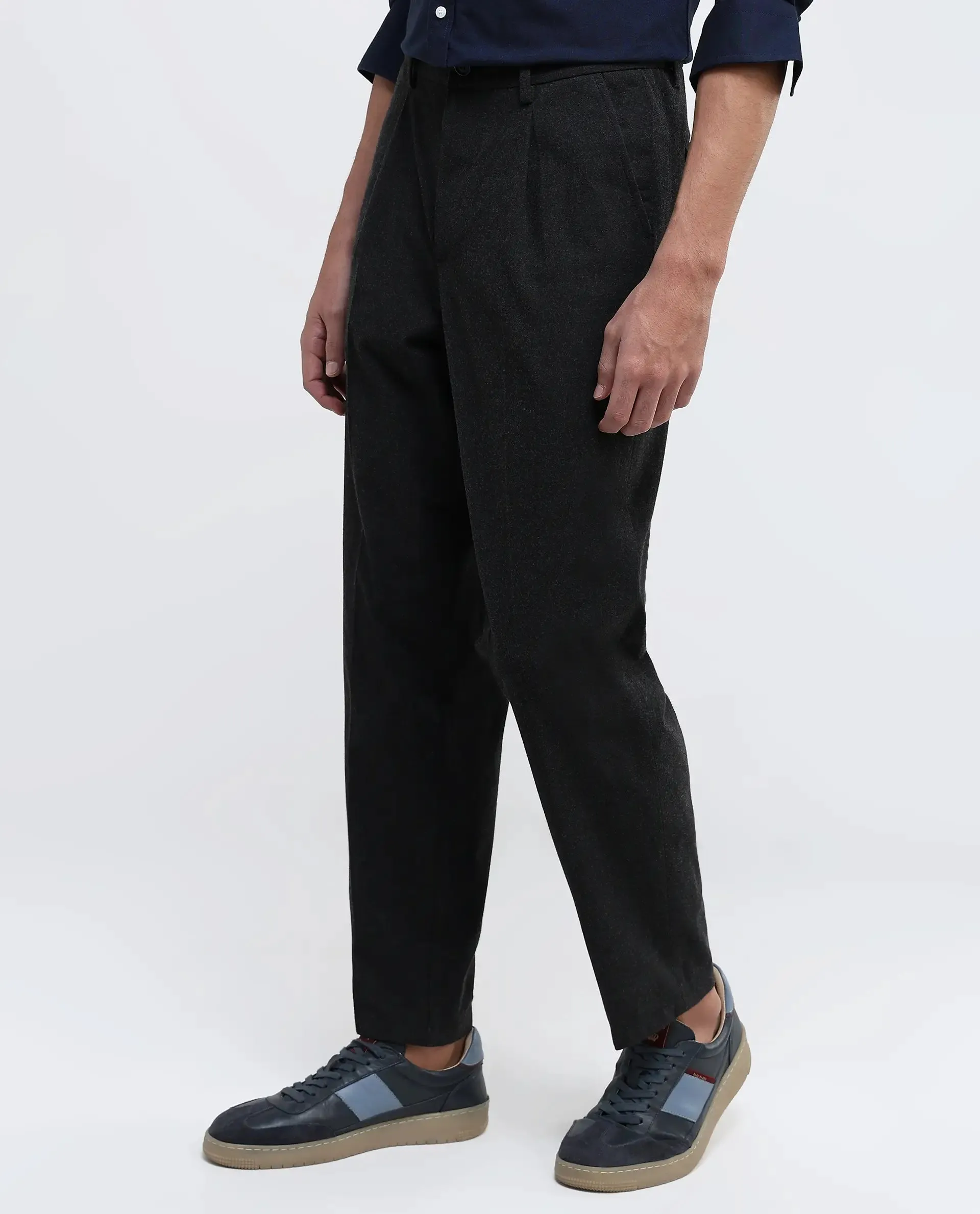 Rare Rabbit Men Tori Black Button Closure Relaxed Fit Mid-Rise Plain Trouser