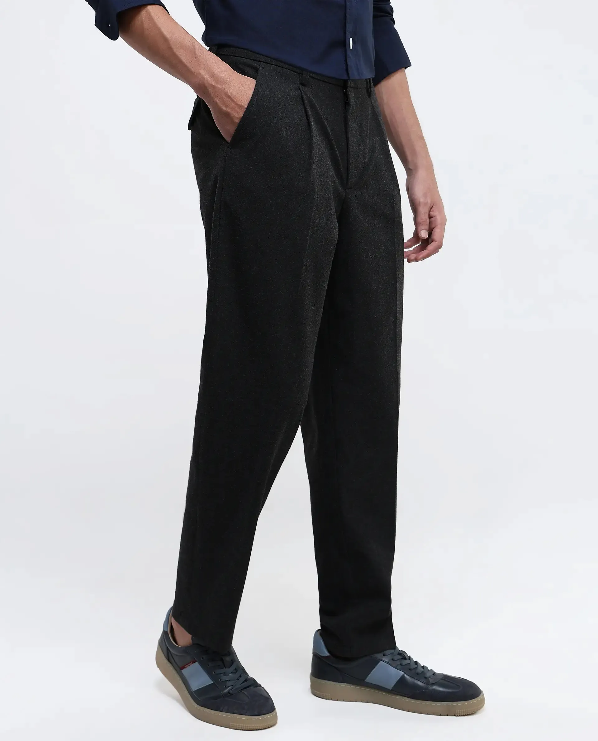 Rare Rabbit Men Tori Black Button Closure Relaxed Fit Mid-Rise Plain Trouser