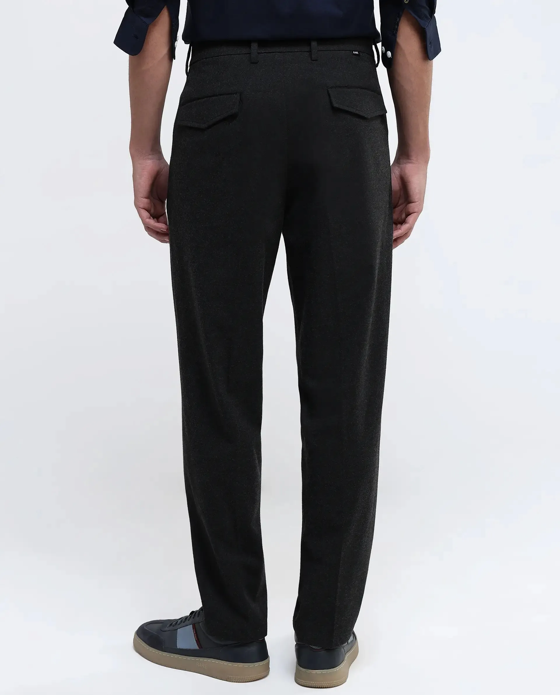 Rare Rabbit Men Tori Black Button Closure Relaxed Fit Mid-Rise Plain Trouser