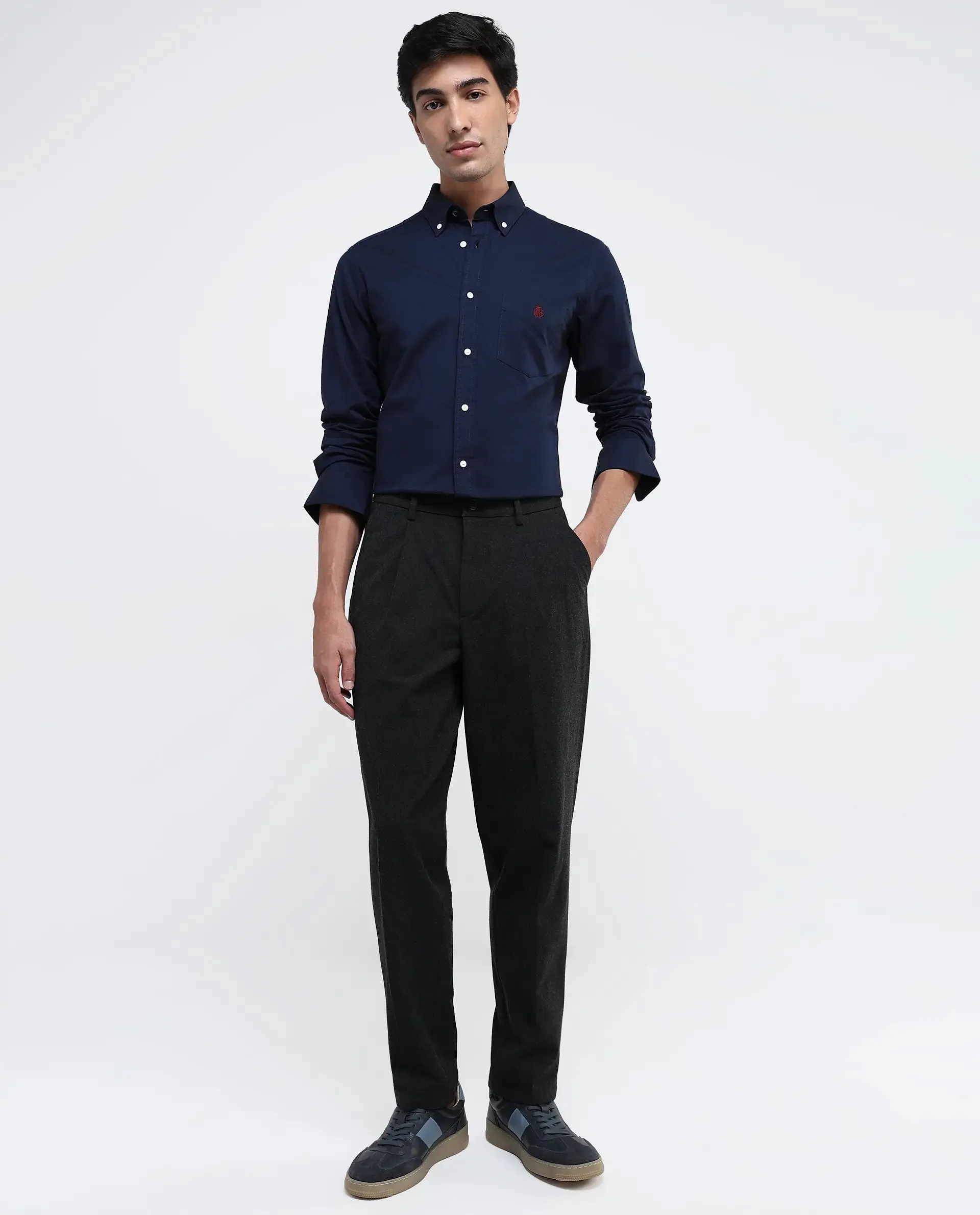 Rare Rabbit Men Tori Black Button Closure Relaxed Fit Mid-Rise Plain Trouser