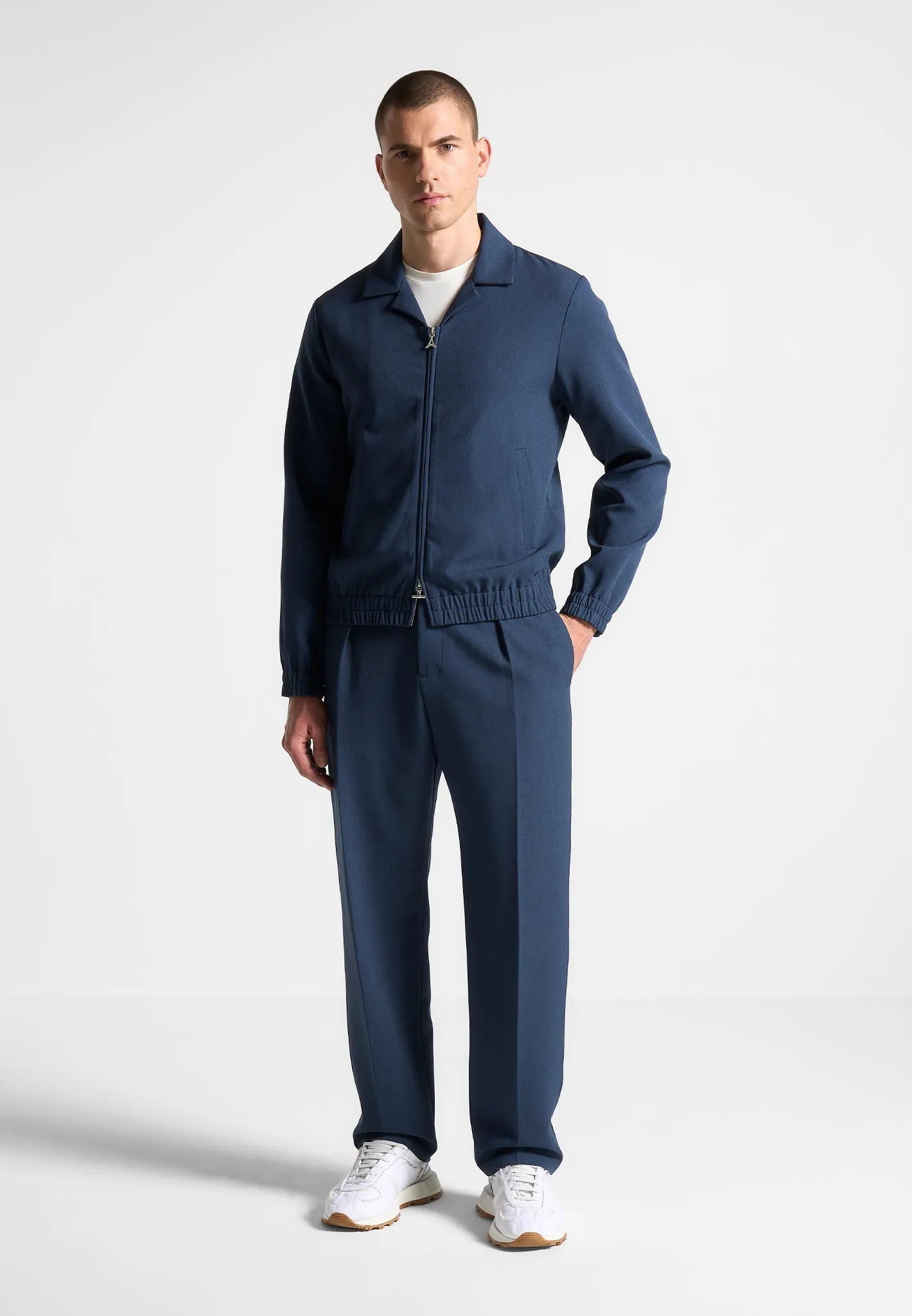 Relaxed Fit Hatched Pleated Tailored Trousers - Blue