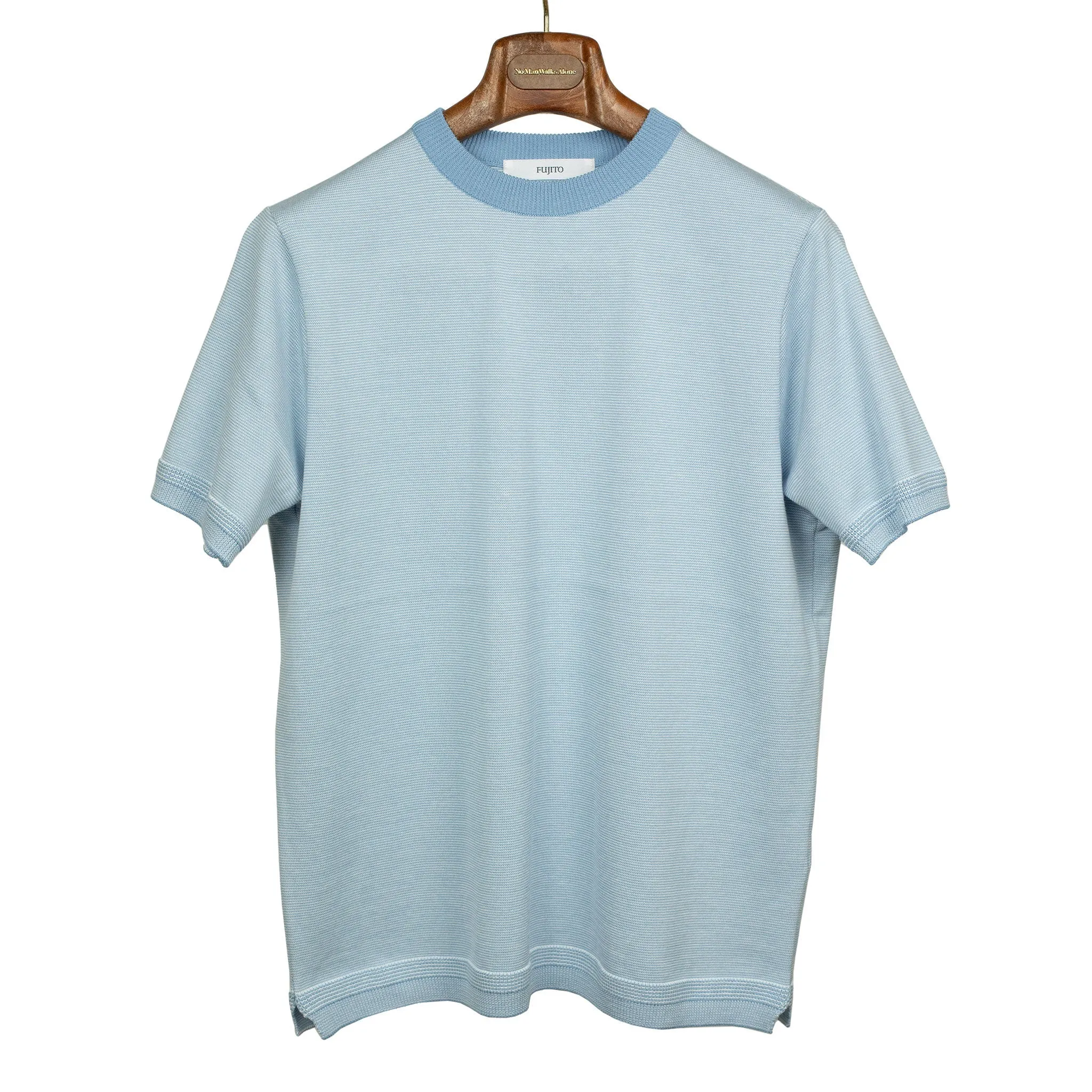 Short sleeve knit t-shirt in striped blue and white cotton