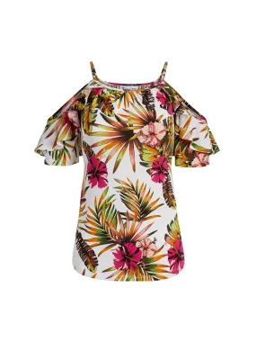 Tropical Floral Print Cold Shoulder Top