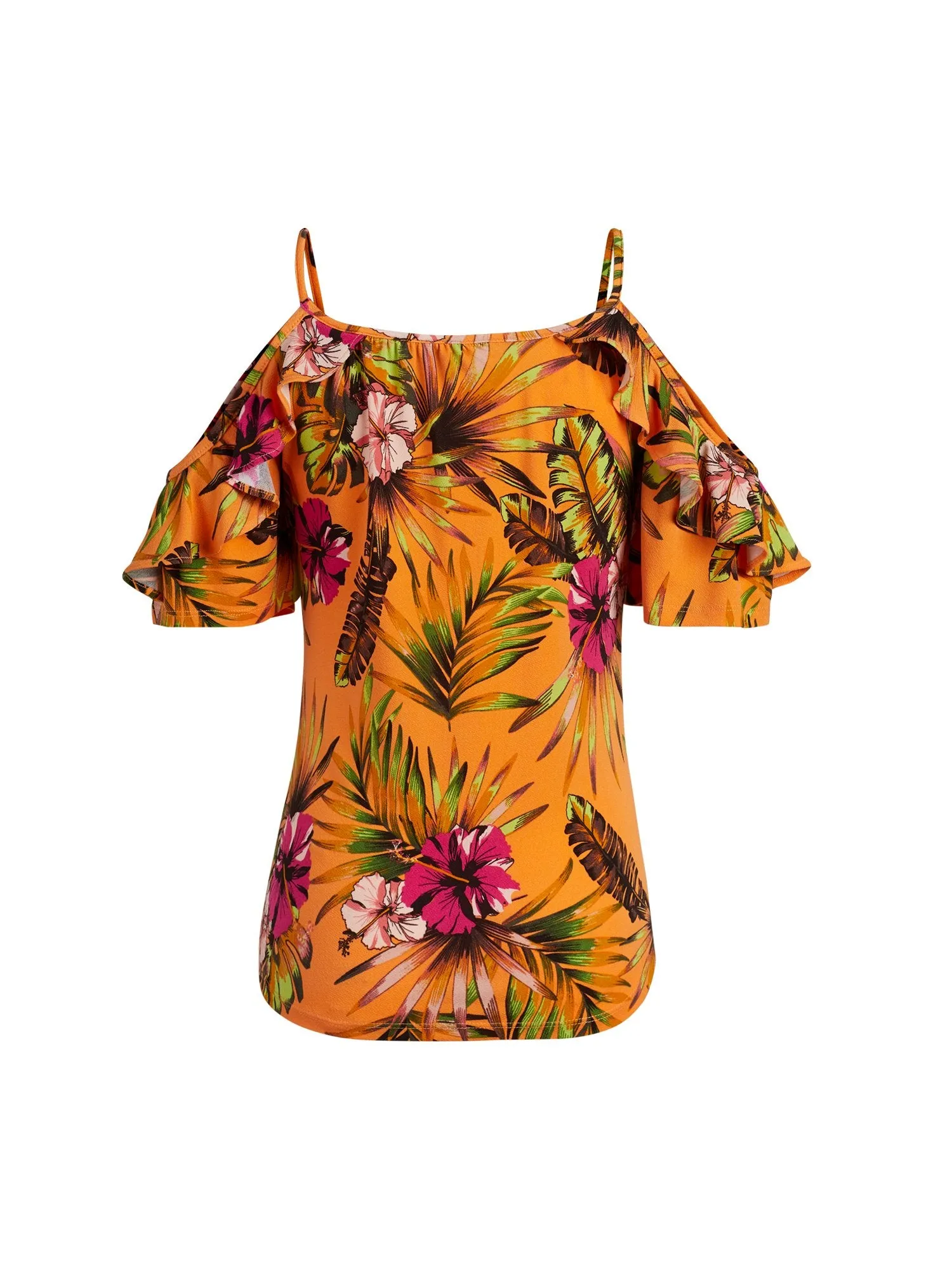 Tropical Floral Print Cold Shoulder Top