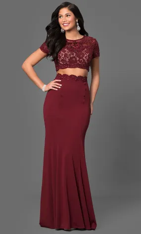 Two-Piece Prom Dress with Short-Sleeve Crop Top