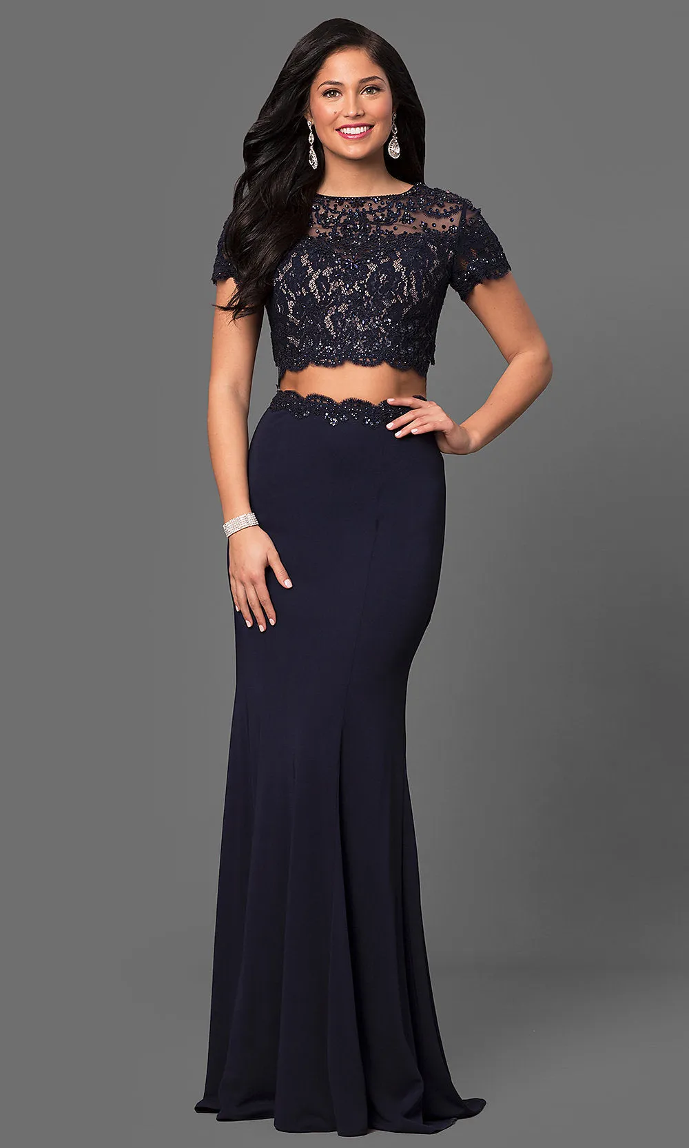 Two-Piece Prom Dress with Short-Sleeve Crop Top