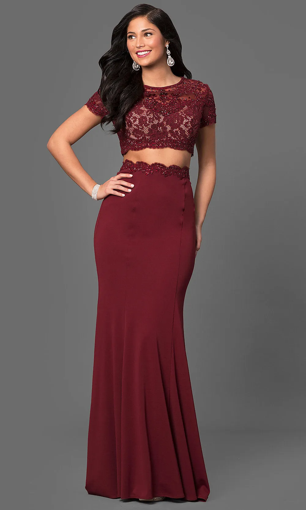 Two-Piece Prom Dress with Short-Sleeve Crop Top