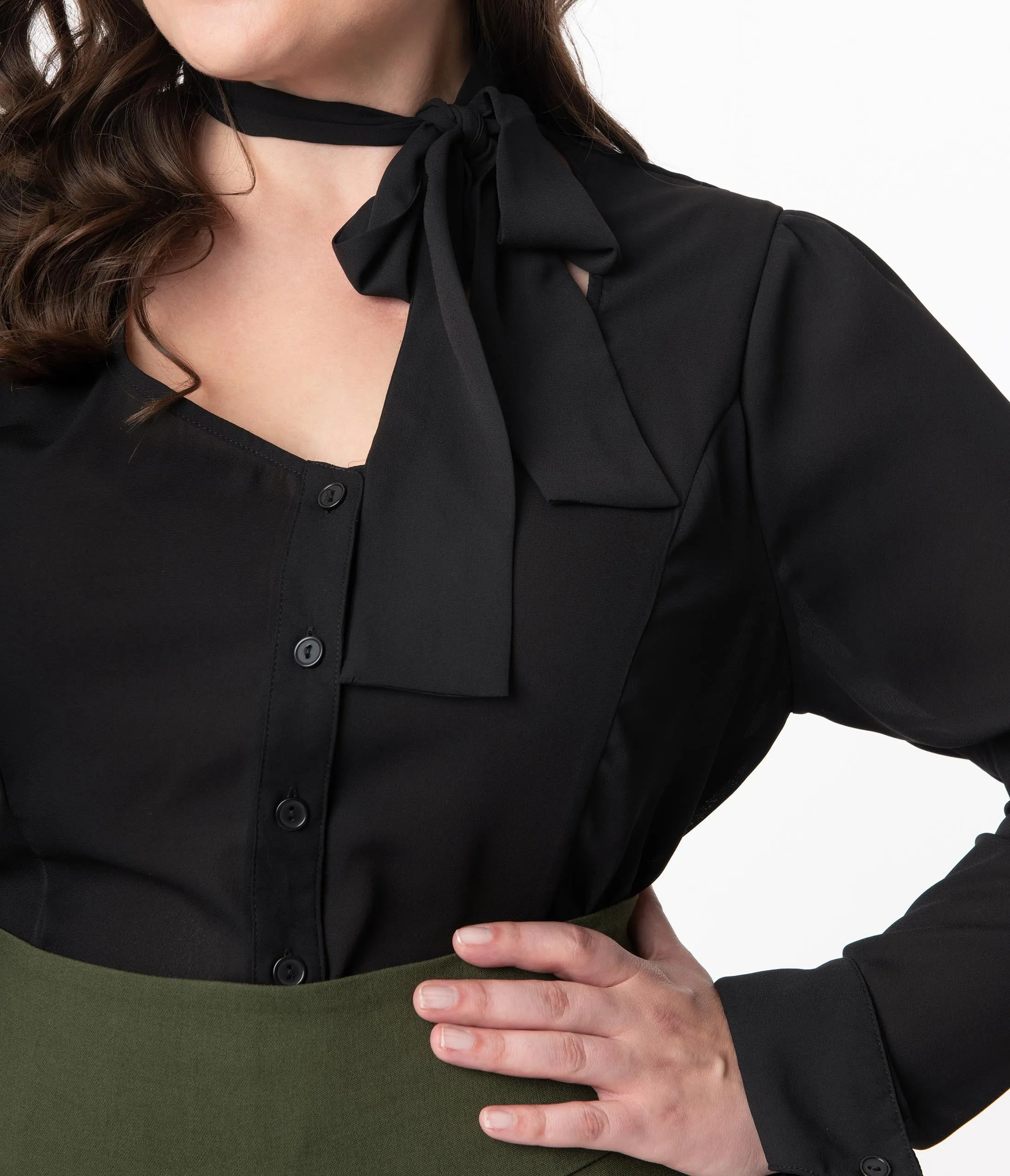 Unique Vintage Plus Size 1940s Style Black Crepe Neck Tie Fiona Blouse