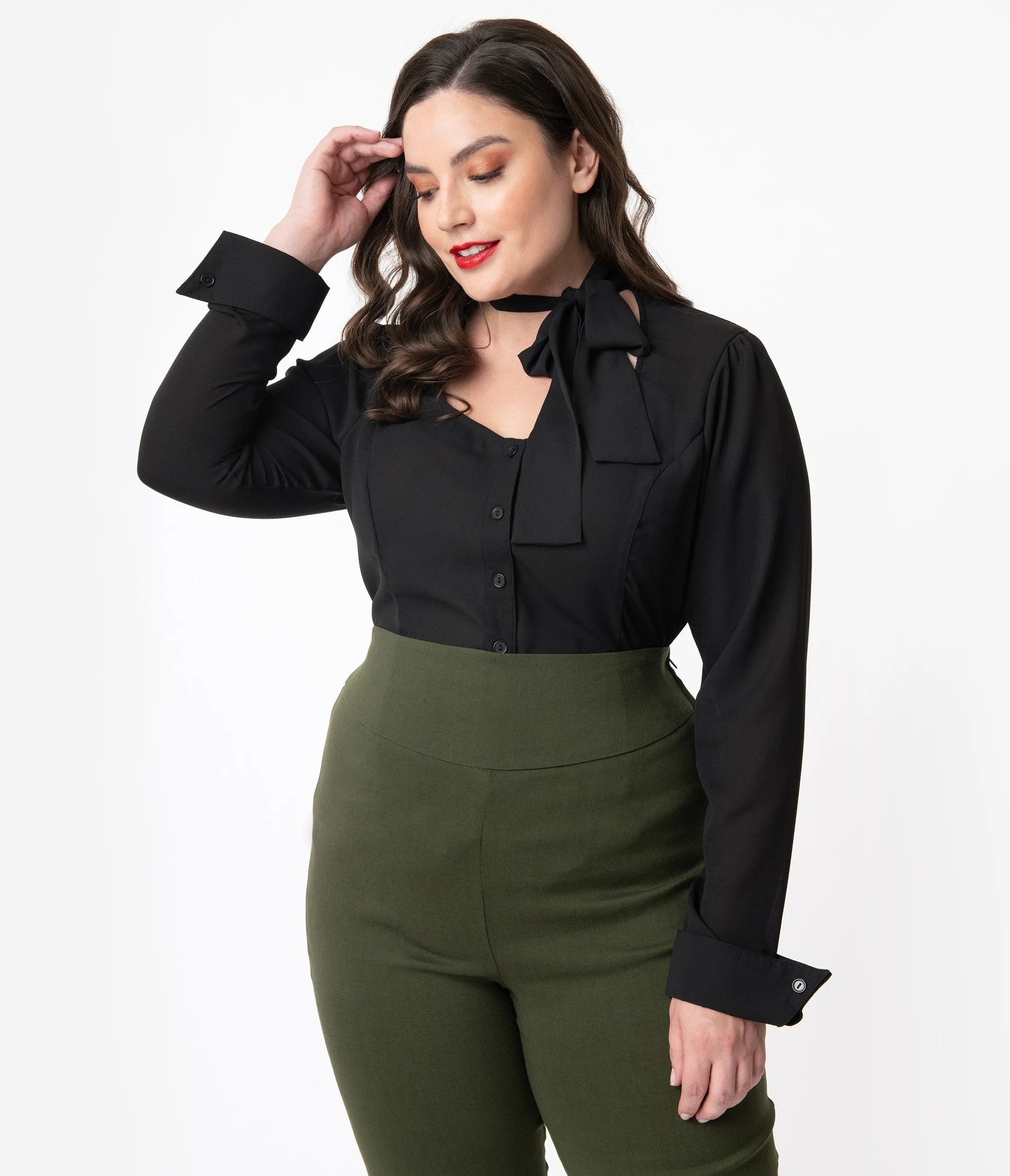 Unique Vintage Plus Size 1940s Style Black Crepe Neck Tie Fiona Blouse