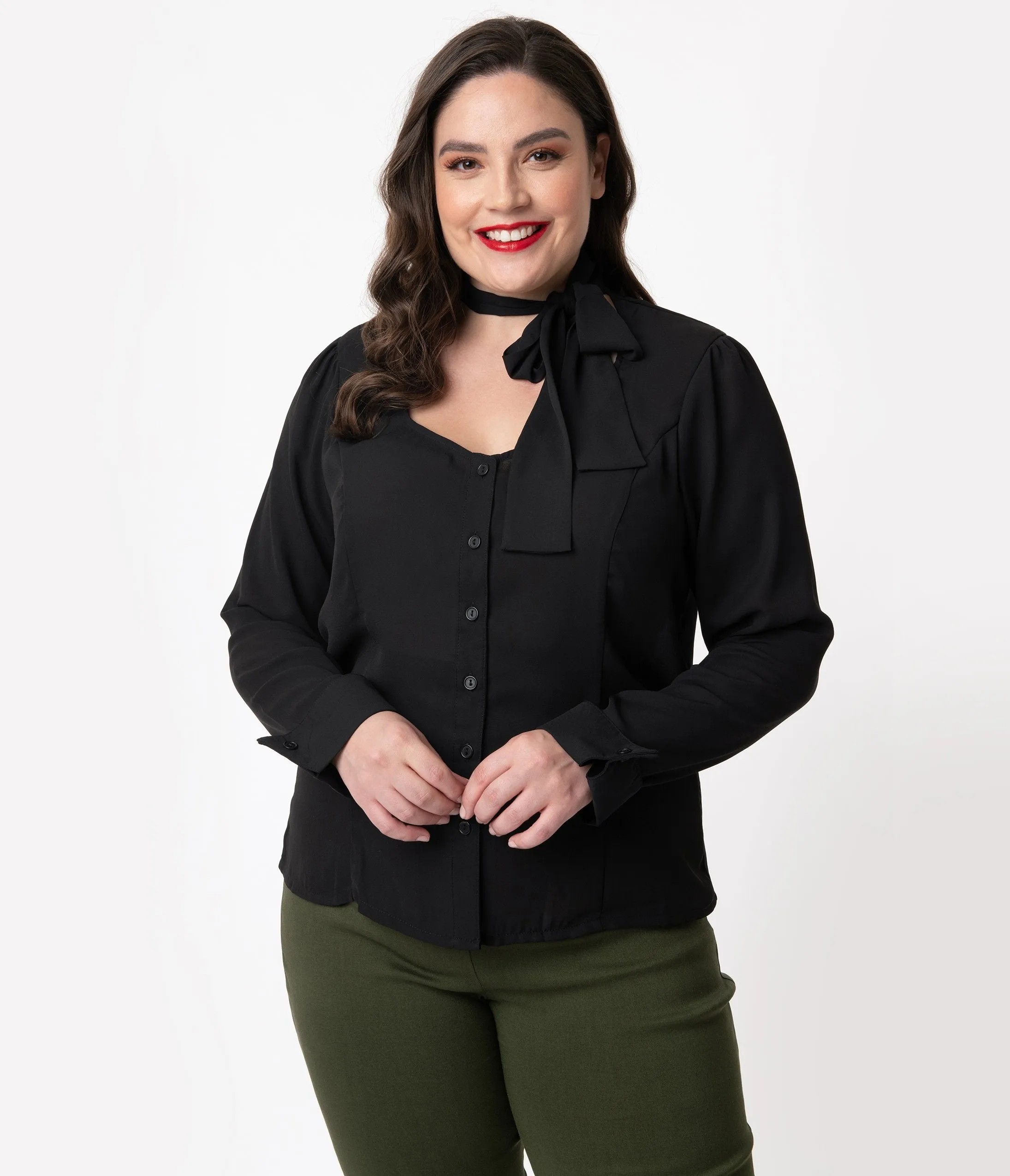 Unique Vintage Plus Size 1940s Style Black Crepe Neck Tie Fiona Blouse