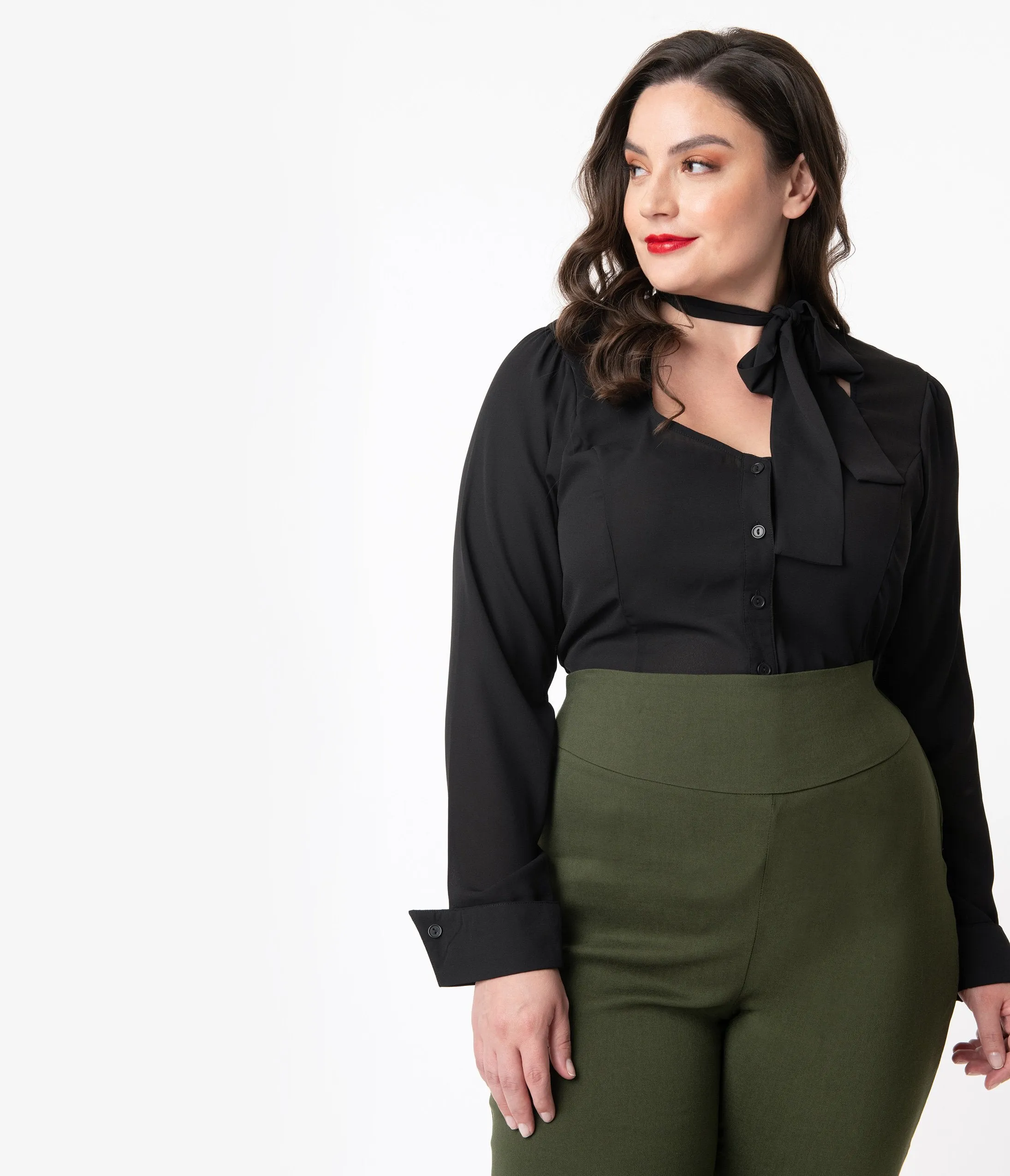 Unique Vintage Plus Size 1940s Style Black Crepe Neck Tie Fiona Blouse