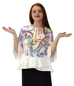 Womens Bell Sleeves Double Hem Keyhole Neck Floral Blouse Tops