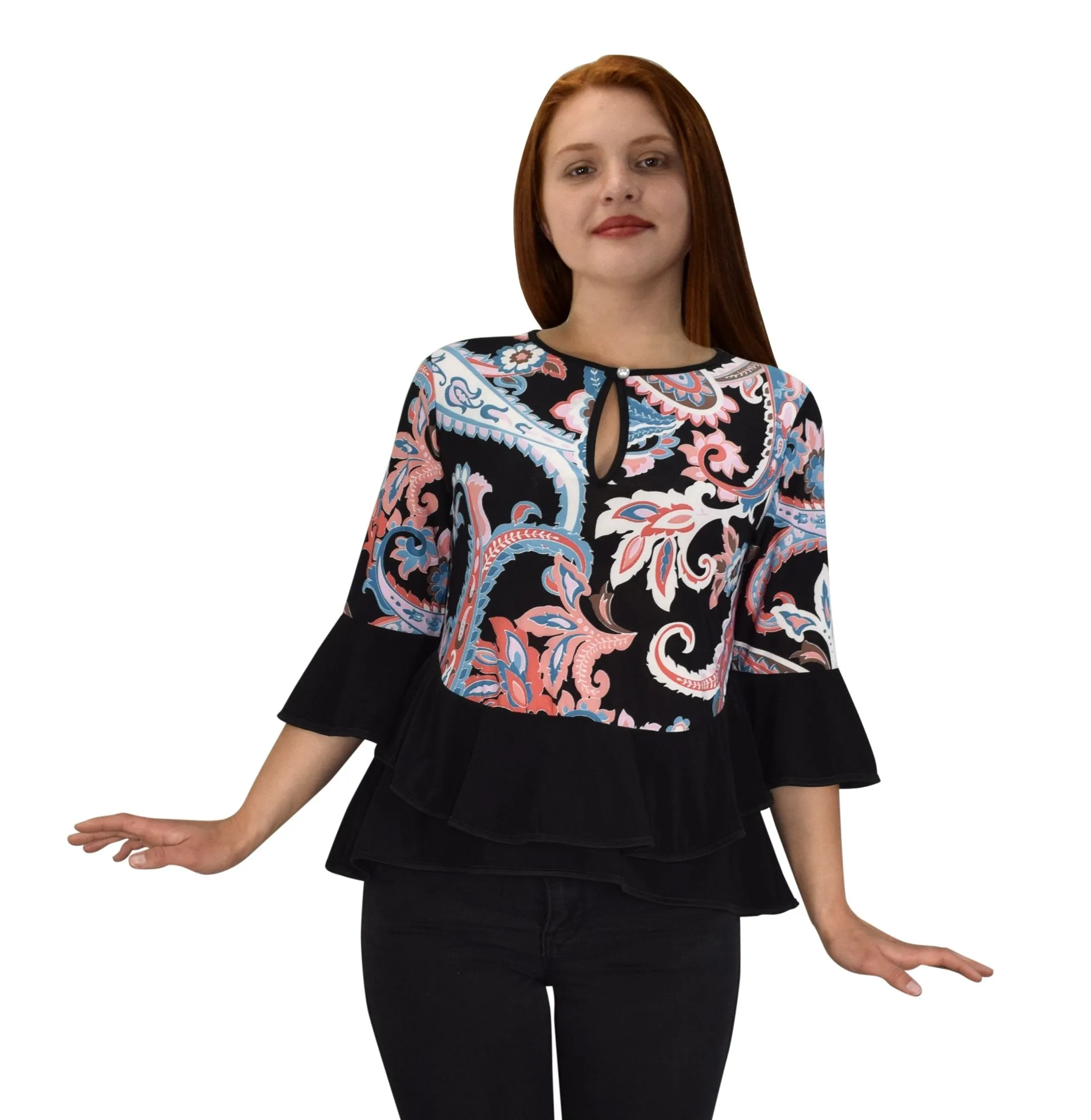 Womens Bell Sleeves Double Hem Keyhole Neck Floral Blouse Tops