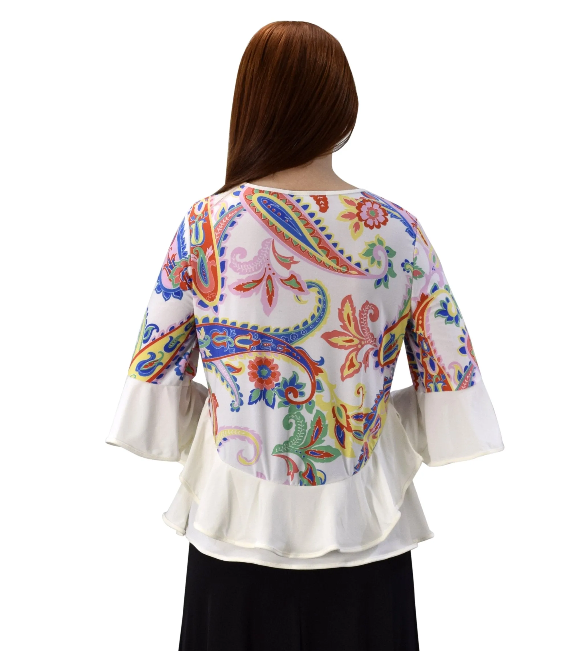 Womens Bell Sleeves Double Hem Keyhole Neck Floral Blouse Tops