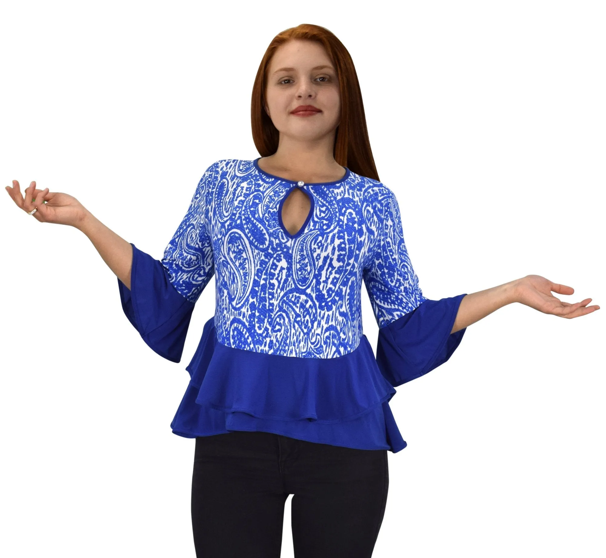 Womens Bell Sleeves Double Hem Keyhole Neck Floral Blouse Tops